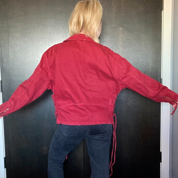 Free People Oversized Red Denim Moto Jacket Size M - Picture 7 of 14